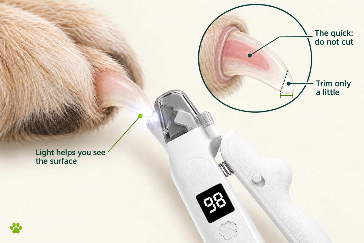 Illustration of a pale dog nail, its sensitive quick and a conservative tip-trim line beside Trimo's light