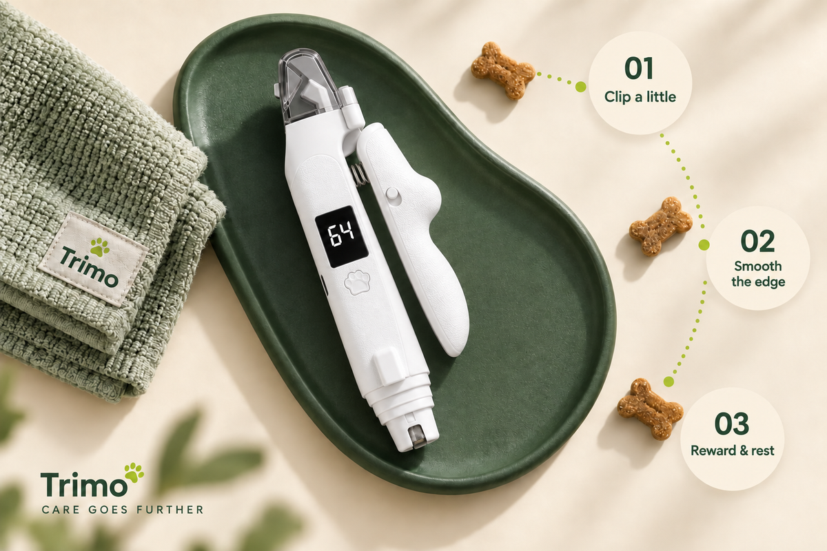 Trimo: clip a little, smooth the edge, reward and rest