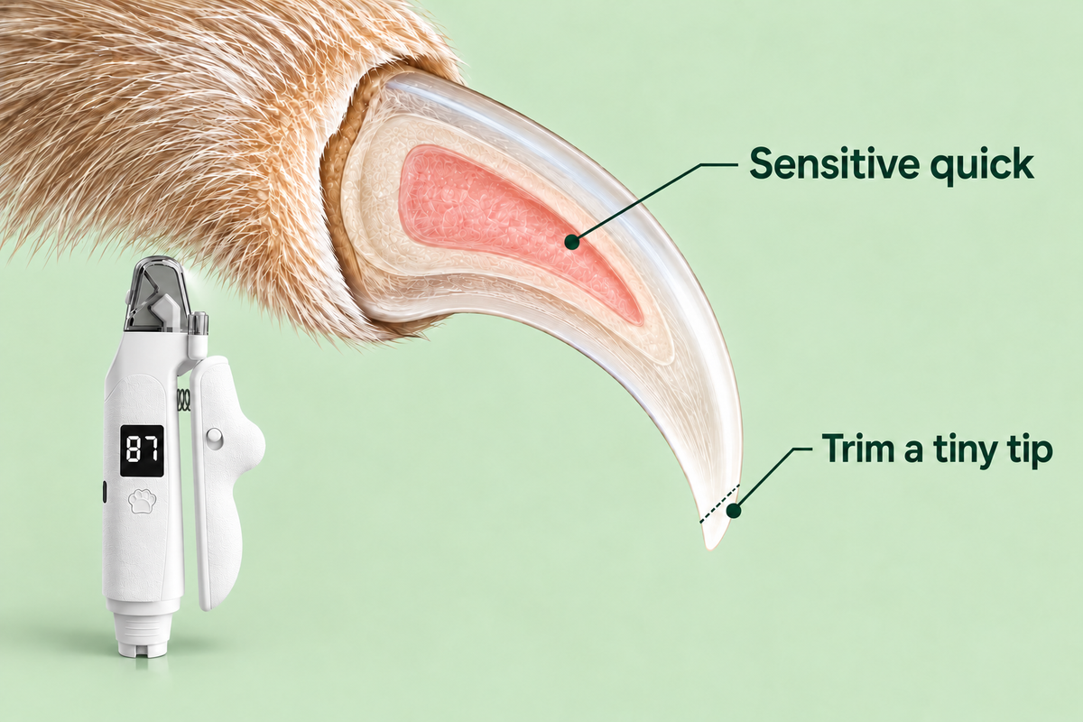 Illustration of a pale dog nail, its sensitive quick and a conservative tip-trim line beside Trimo's light
