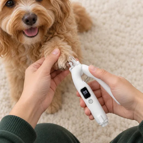 An owner supporting a dog paw while using Trimo